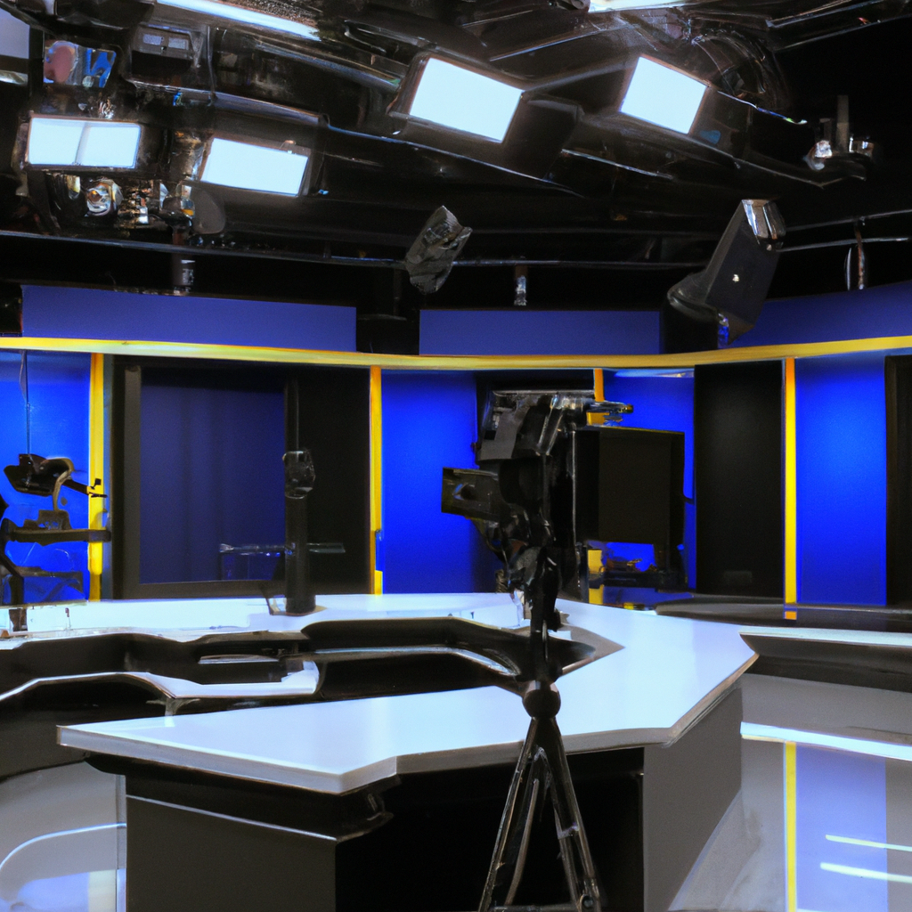Modern Canadian news studio with glass walls, broadcast cameras, and soft lighting